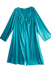 Vintage Vanity Fair Satin Lace Robe Nightgown Women XL Teal Button Up USA