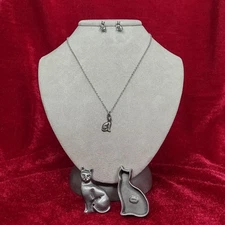 VTG Torino Pewter Cats Trinket Box Set Earrings Necklace Brooch