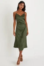 Lulus Simplicity Of Love Satin A-Line Midi Dress Green XS