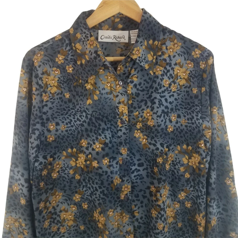 Blusa para mujer Claudia Richard grande azul negra floral estampado de leopardo botón delantero Foto 2 de 4