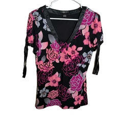 Style & Co Blouse Women's Medium Floral V-Neck Short Sleeve Tie Y2k Top Shirt