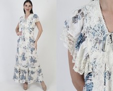 Vtg White Prairie Dress 70s Boho Wedding Lace Cottage Peasant Maxi Sundress