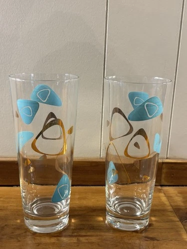 2 Vintage Federal Amoeba Atomic Boomerang Turquoise 16 Ounce Tumbler Glass Tall