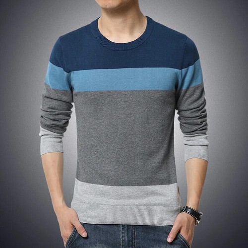 Men's Sweater O-Neck Striped Slim Fit Knittwear Mens Sweaters Pullovers Jumper - Picture 3 of 16