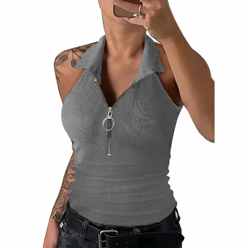 Women Summer Zipper V Neck Cami Vest Ladies Summer Blouse Tank Top T Shirt  - Imagen 3 de 19