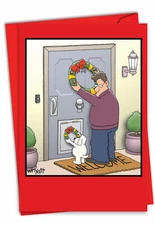 1 Funny Merry Christmas Greeting Card with Envelope - Dog Wreath