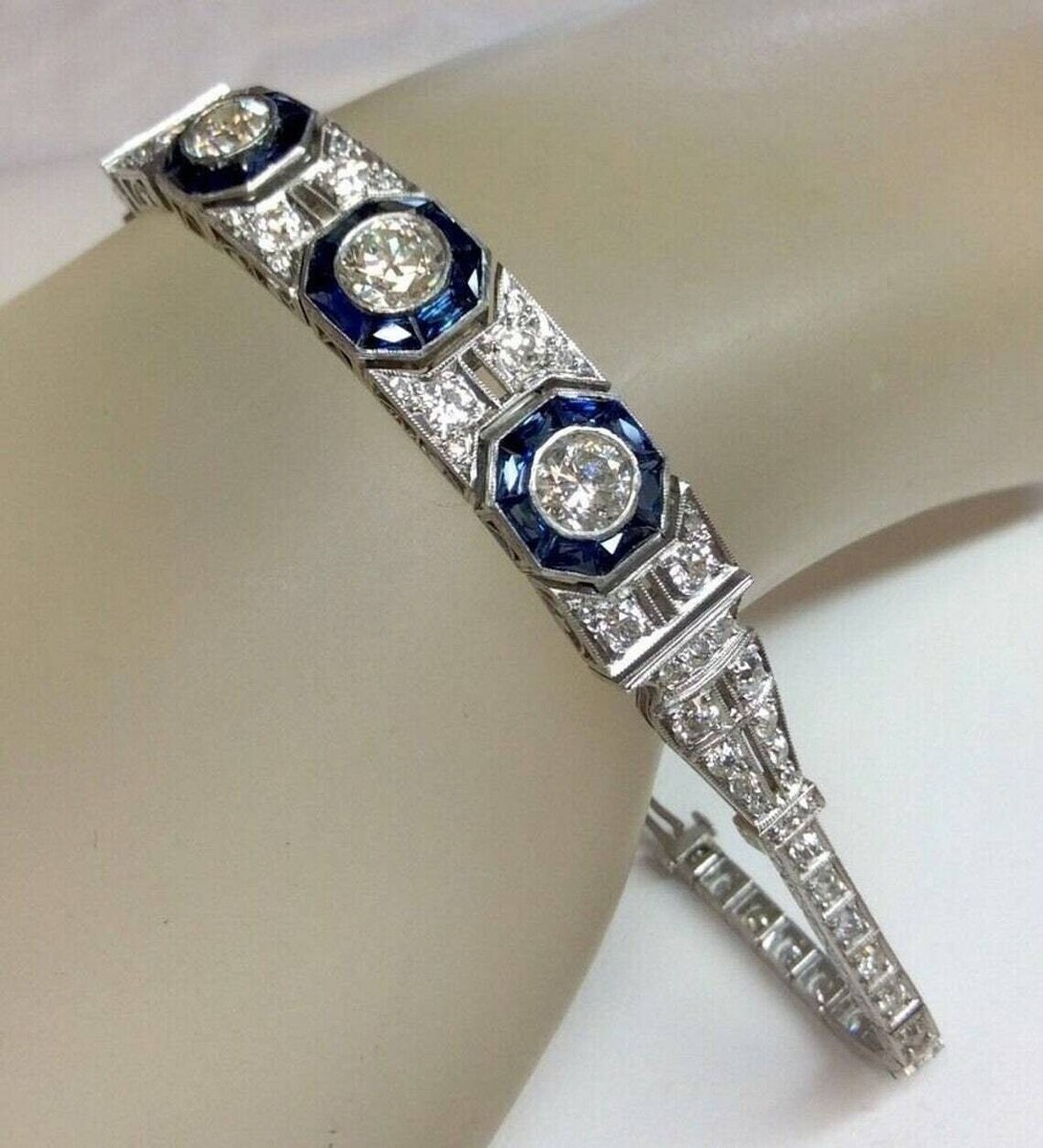 Art deco Style Blue &White Sapphire Lab Created Diamond Tennis Silver  Bracelet