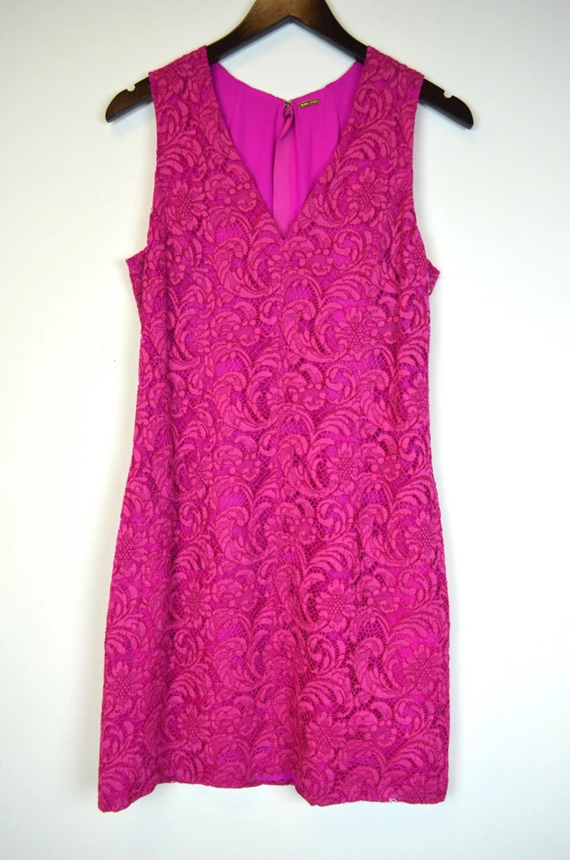 Mini Vestido de Cóctel ADAM LIPPES Rosa Fucsia Elástico Algodón Encaje Cuello en V 8 = M Foto 4 de 4