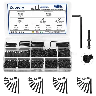 710PCS M3 Hex Button Head Cap Screws Bolts Nuts Flat Washers Kit for 3D Printing