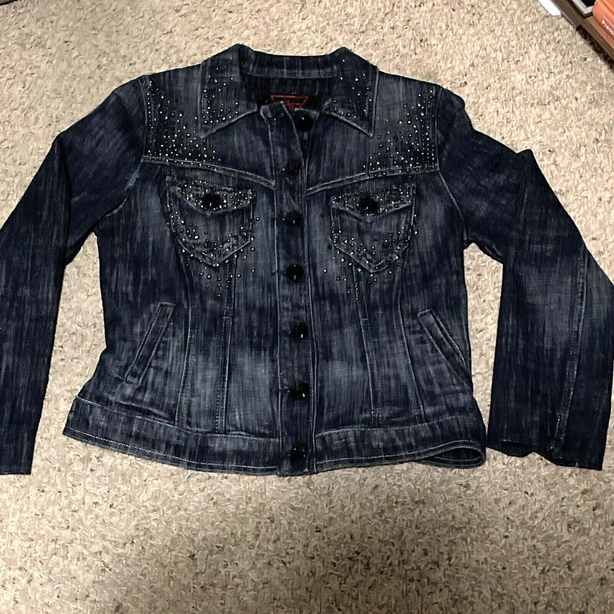 Vtg Guess Womens Young Denim Jacket Large Sequins Logo Back | eBay