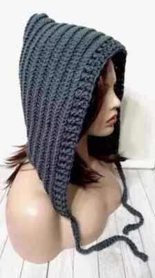 handmade crochet womans pixie hood hat scoodie charcoal gray new