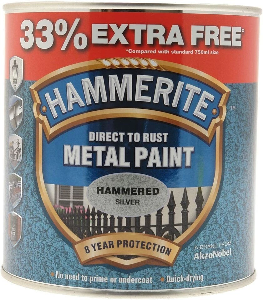 Hammerite Hammered Direct To Rust Metal Paint Quick Drying Silver 1L