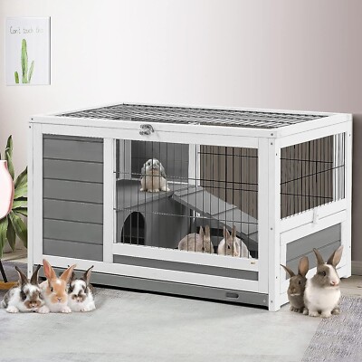 Esright Wooden 35.4" Rabbit Hutch - Cozy Gray Cage For Bunny, Guinea Pig & Small Pets