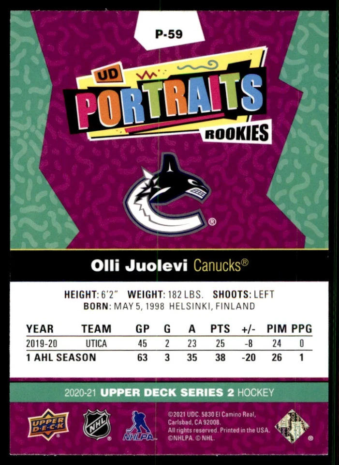 2020-21 Upper Deck UD Portraits Olli Juolevi RC #P-59 - Image 2 of 2
