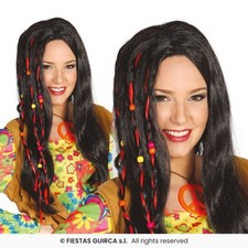 Black Hippie Wig With Braids  Beads Ladies 60s Hippy Fancy Dress Accessory
