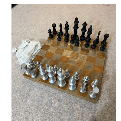 Tournament Chess Set Silver Black Metal Pieces Wooden Board 40cm