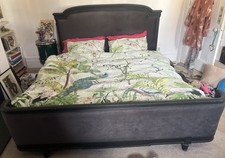 Antique SuperKing Storm Grey Velvet Upholstered Wooden Bed