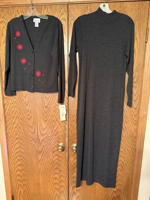 K STUDIO Gray Italian Yarn Maxi Dress w Embroidered Topper Jacket Size S NEW