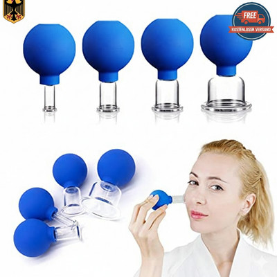 4-teiliges Facial Cupping Set   Gesichtsschröpfgläser mit blauen Silikon-Saugbal