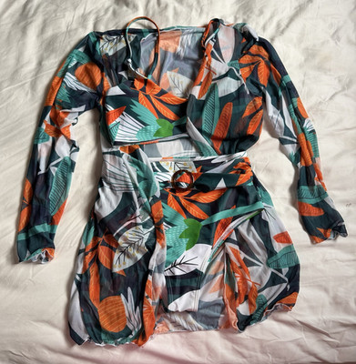 SHEIN Tropical Multicolor 3-Piece Bandeau Bikini Set w/ Cover Up M