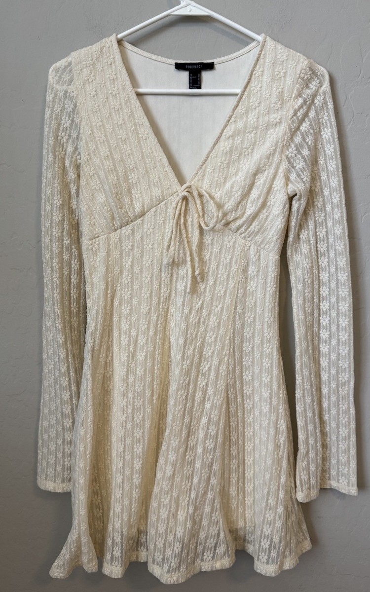 Sheer Lace Ivory Dress Medium Lace Boho Bell Sleeve V Fit Flare Indie Hippie