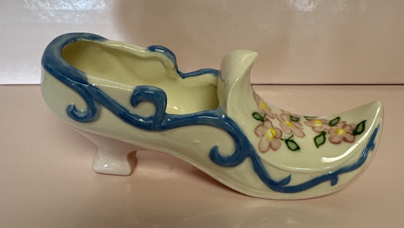 SAOLA Scarpa pantofola ceramica porcellana blu floreale vintage 6” articolo da collezione suola rosa