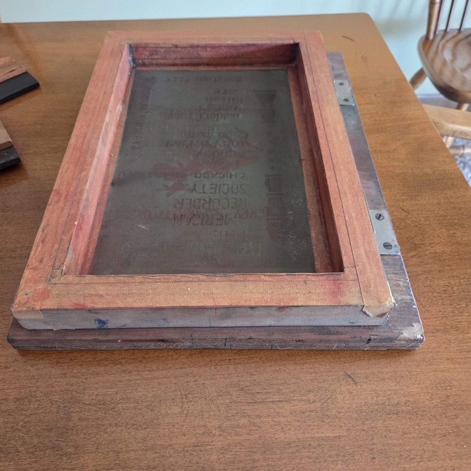 Vtg Silk Screen Wooden Printing Frame Chicago Recorder Society Merry Christmas