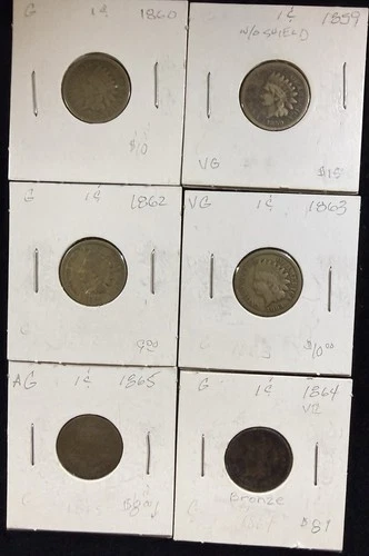 Lot of 6 Indian Head Pennies 1859-1865 (AG-VG)