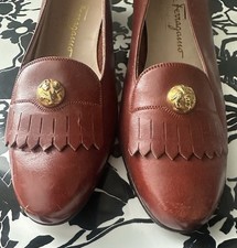 Vintage Salvatore Ferragamo Brown Button Detail Logo Fringe Penny Loafers 6.5 B