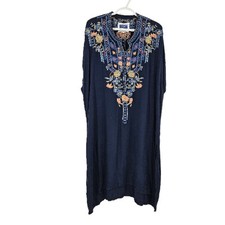Johnny Was Biya Dress Blue Caftan Ultra Soft Embroidered Henley Midi Boho Sz XS