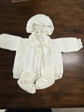 Vintage Handmade Crochet Baby Layette Set White Cardigan Bonnet Booties 6mo