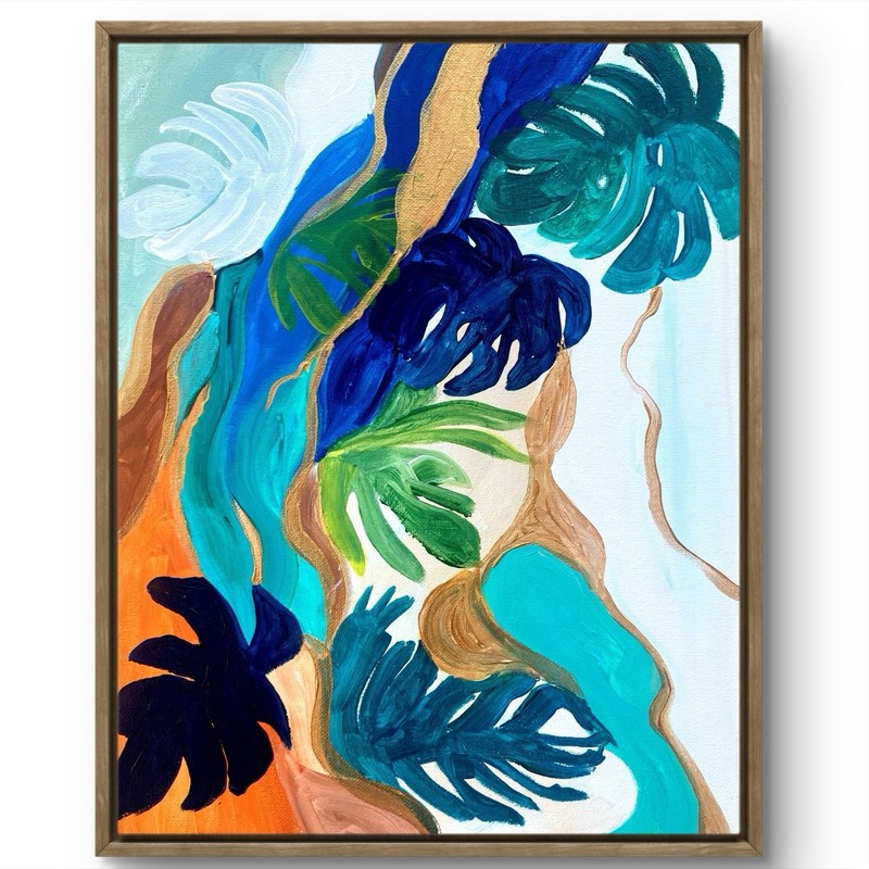 TITA PAINTZ Vibrant Tropical Monstera Leaves Gold Abstract Handmade 11x14 Art