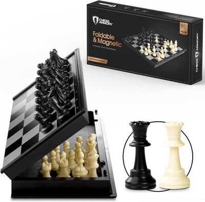 Magnetic Travel Chess Set, 9.5'', Folding Board, 2 Extra Queens