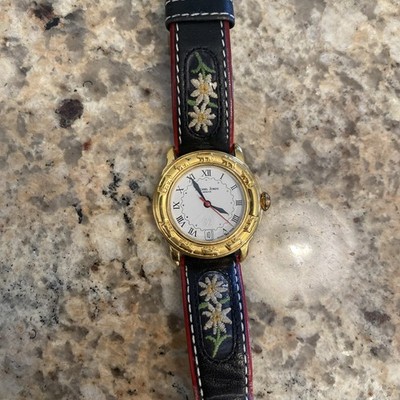 MICHEL JORDI  Watch Vintage Gold Tone 1991 Quartz Leather Swiss Flowers