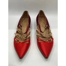 KURT GEIGER Women's Red Satin Pointed-Toe Strappy Wedge Mary Jane Shoes SZ 7