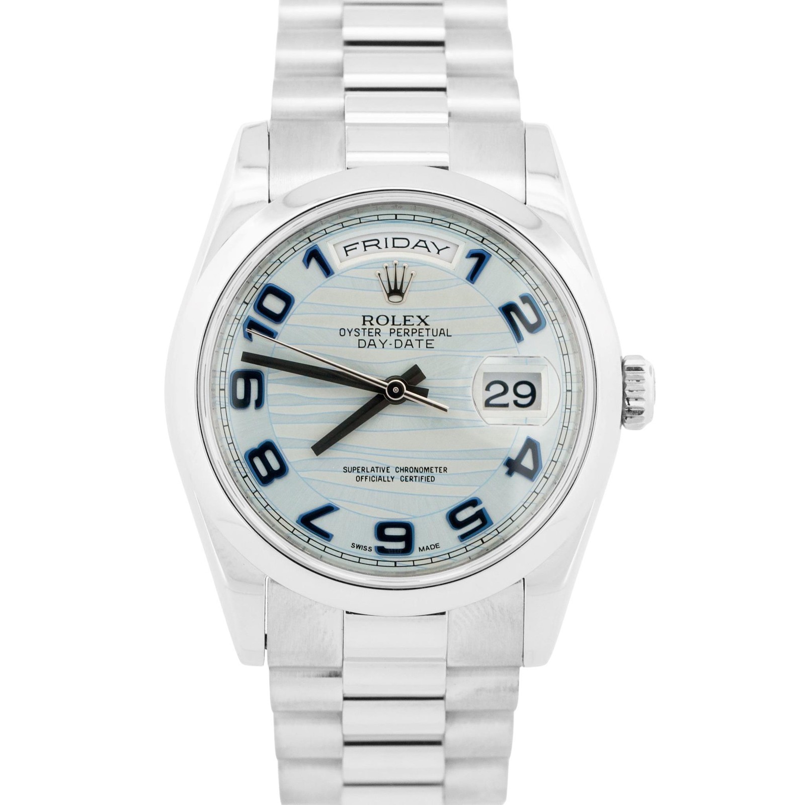 Rolex Day-Date Presidential 36mm GLACIER BLUE WAVE 950 Platinum Watch 118206 BOX