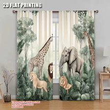 Window Curtains Polyester Light Filtering Jungle Animals Print Curtains Pair
