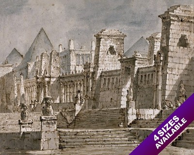 ANCIENT EGYPTIAN ARCHITECTURAL CONCEPT DRAWING INK PAINTING ART REAL CANVAS