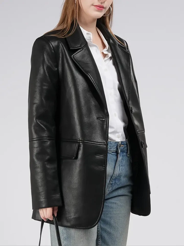 Women’s Black Genuine Lamb Leather Blazer 2 Button Coat Relax Fit Classic Style - Image 3 of 4
