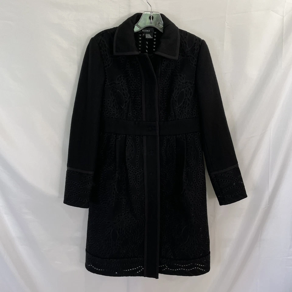 Abrigo Largo ECCOCI Negro Lana Bordado Talla 2 Recortes Chaqueta Foto 3 de 4