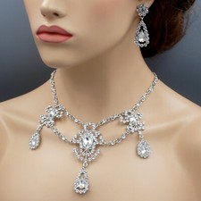 Women Silver Tone Clear Crystal Necklace Earrings Wedding Jewelry Set 0146