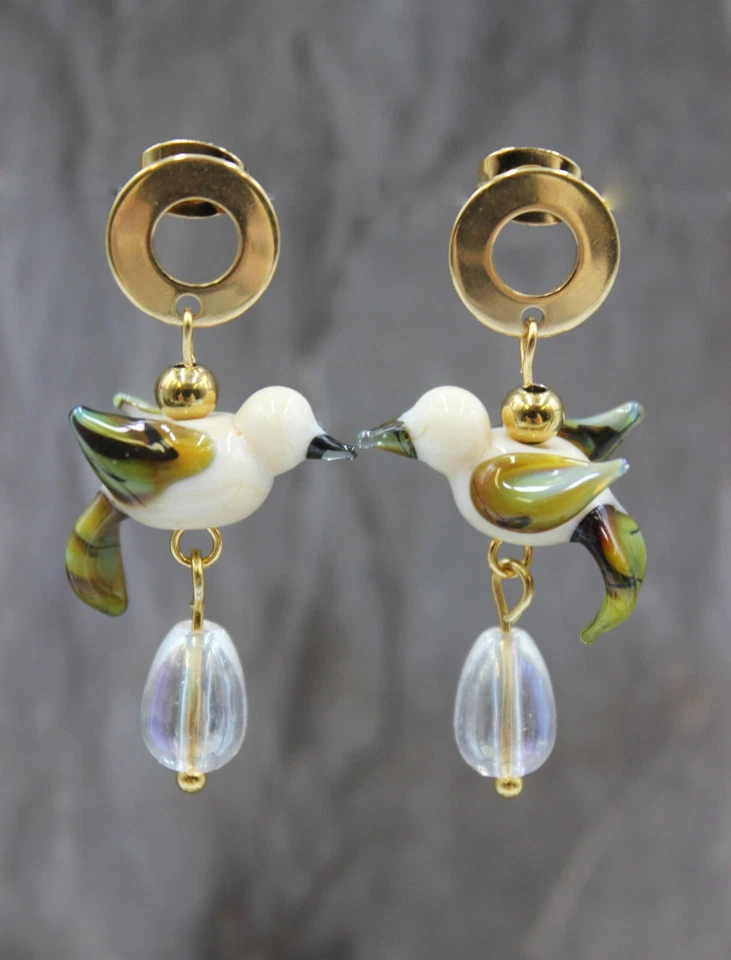 Edelstahl Gold Ohrringe Ohrstecker Vögel Lampwork Boho Perlen #D073 - Bild 2 von 4