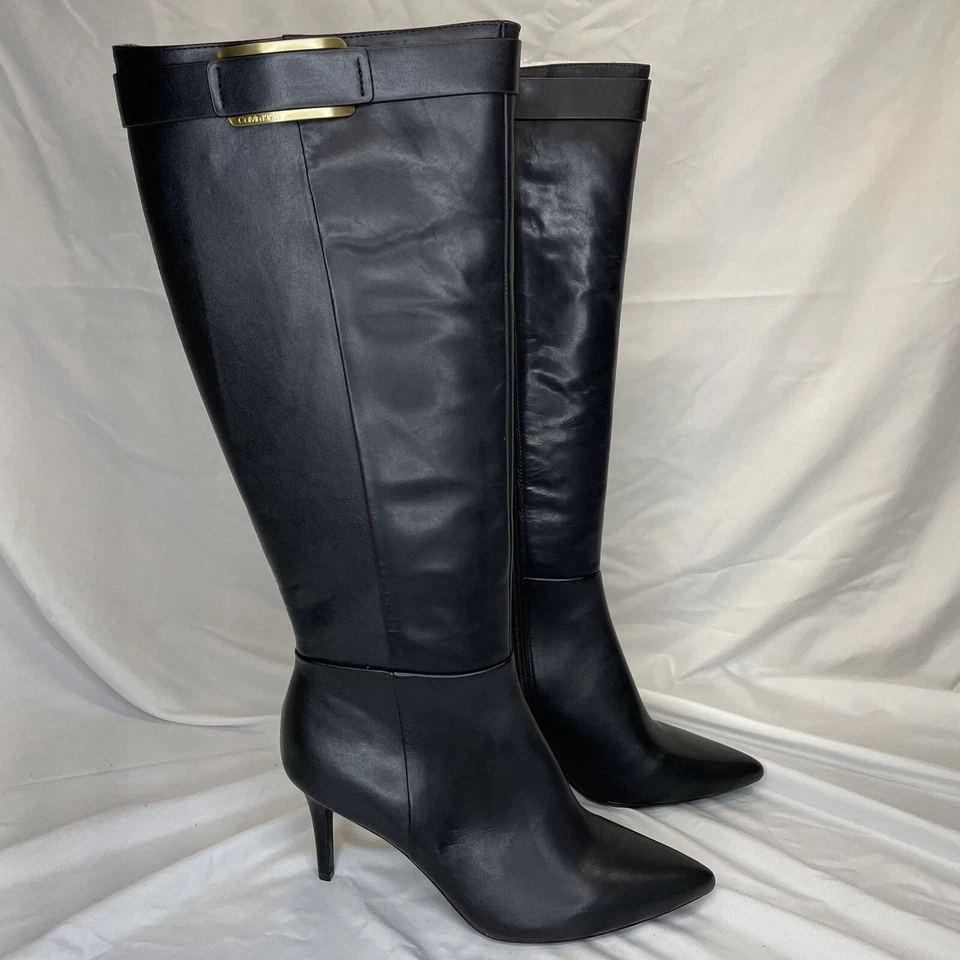 Bota Calvin Klein Glydia 34E7637 de cuero negra punta tacón alto para mujer talla 10 Foto 2 de 4