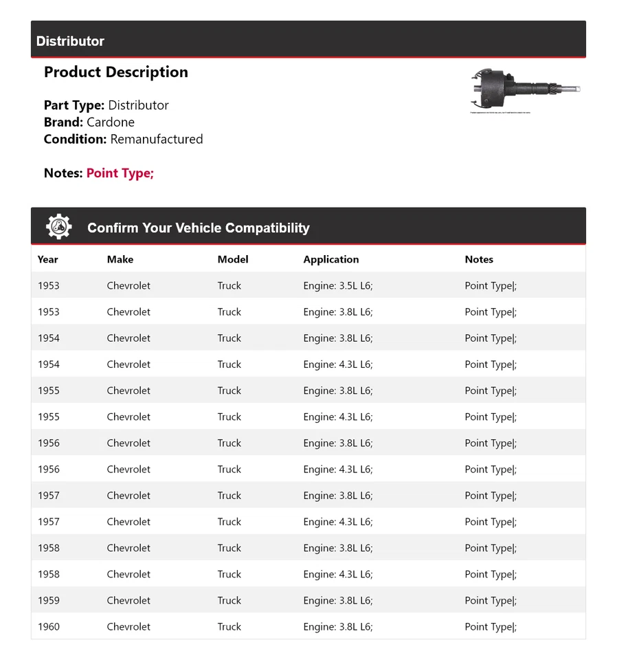 Distribuidor de camioneta Chevrolet 1953-1960 Cardone 1954 1955 1956 1957 1958 1959 Foto 2 de 4