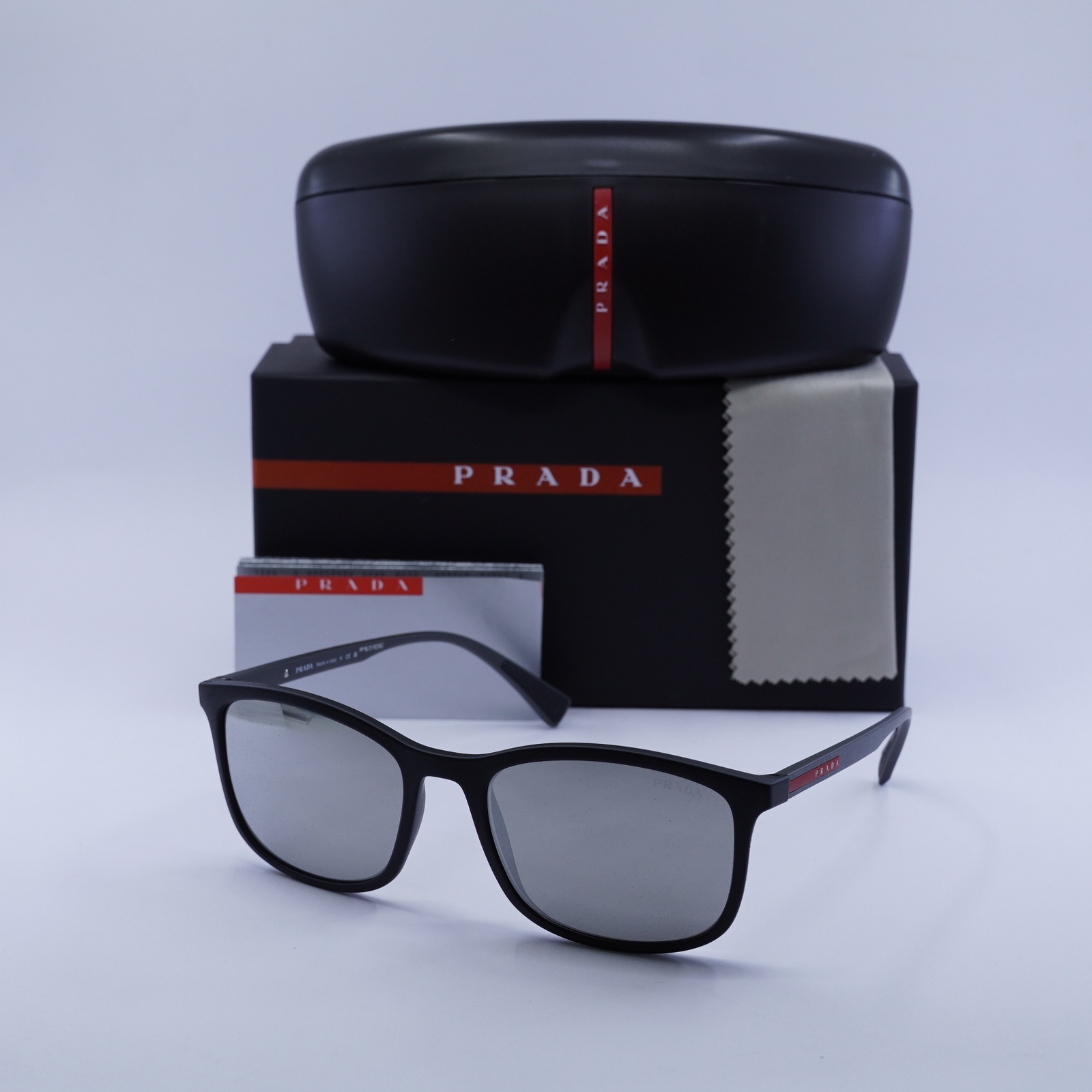 Prada Sport PS01TS DG02B0 Black Rubber Grey Silver Mirror Sunglasses 56-19-140