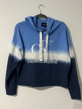 Calvin Klein Jeans Hoodie Womens Medium Blue Tie Dye CK Logo Cropped Sweatshirt