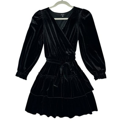 Zunie Girls 14 Black Velvet Tiered Dress Long Sleeve Holiday Noir Wrap