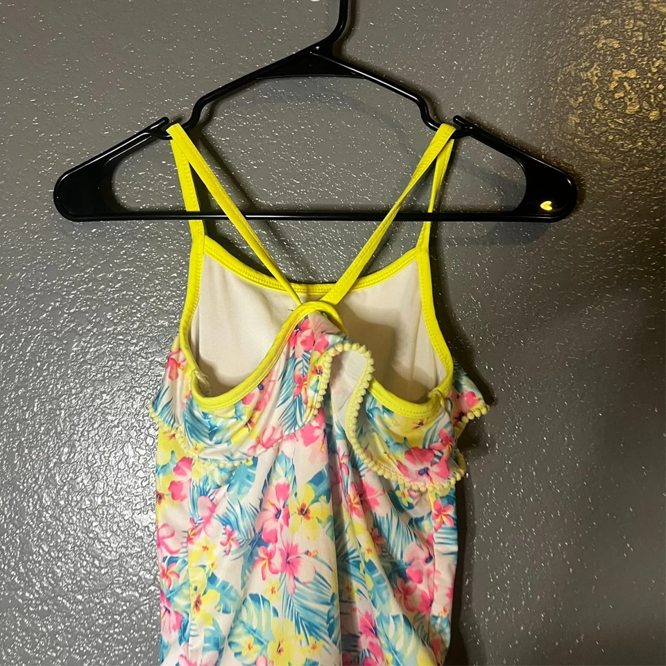 Traje de baño floral de una pieza para niñas - Traje de baño estampado tropical con ribete amarillo Foto 2 de 4