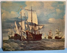 Vtg G. Faber The Chalange Battle Ships Portrait 14” x 11” Lithograph USA Signed