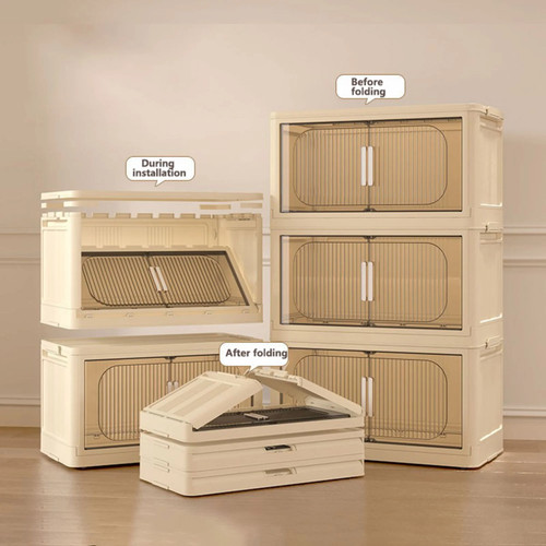 Side Wide Folding Plastic Storage Cabinet 3-Tier Magnetic Door Wheels - Picture 14 of 22